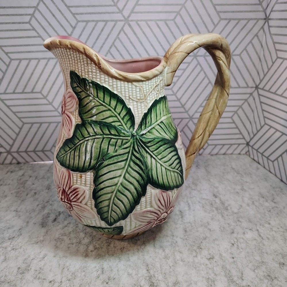 Fitz & Floyd 1989 Floral Leaf Ceramic Pitcher 2QT Basketweave Vintage Majolica
